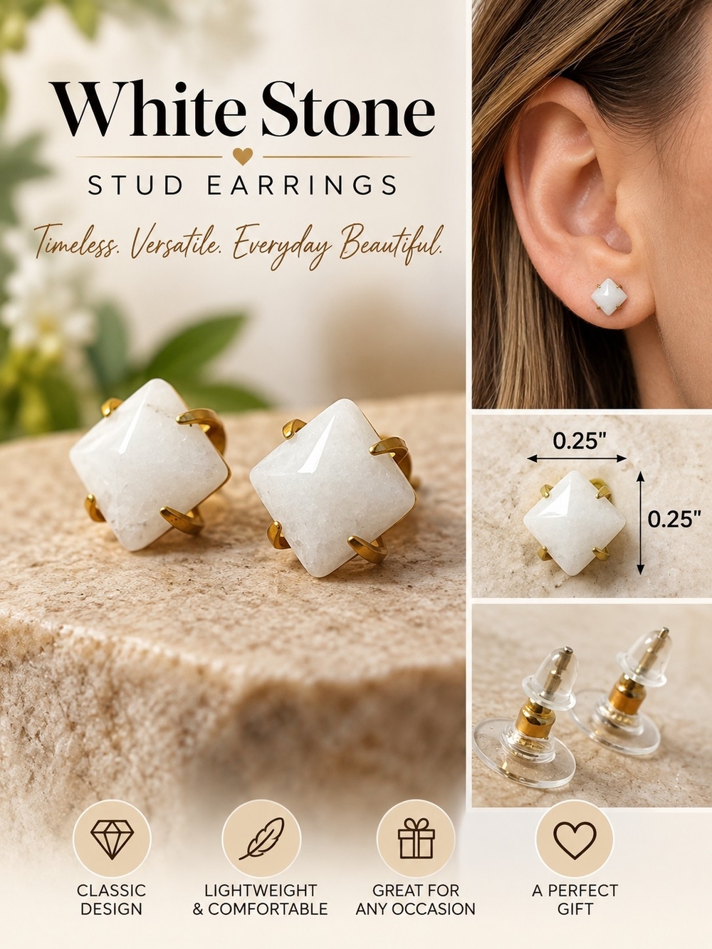 A133. White Stone Stud Earrings